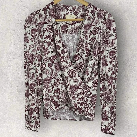 Sezane Abelia Blouse Ghalia Ecru Purple Wrap Top Size 32 French US 0 Long Sleeve - Picture 6 of 14